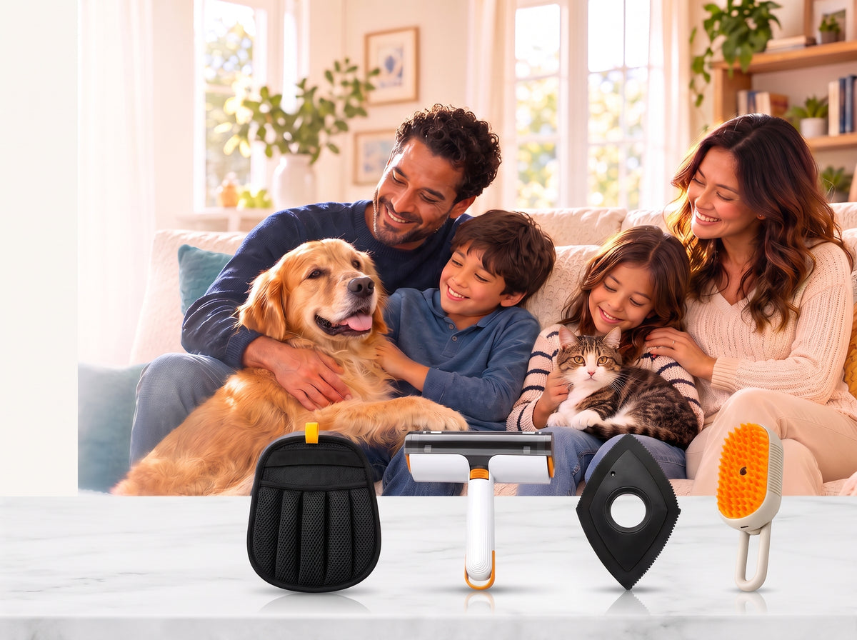 Family with pets and Furryless tools