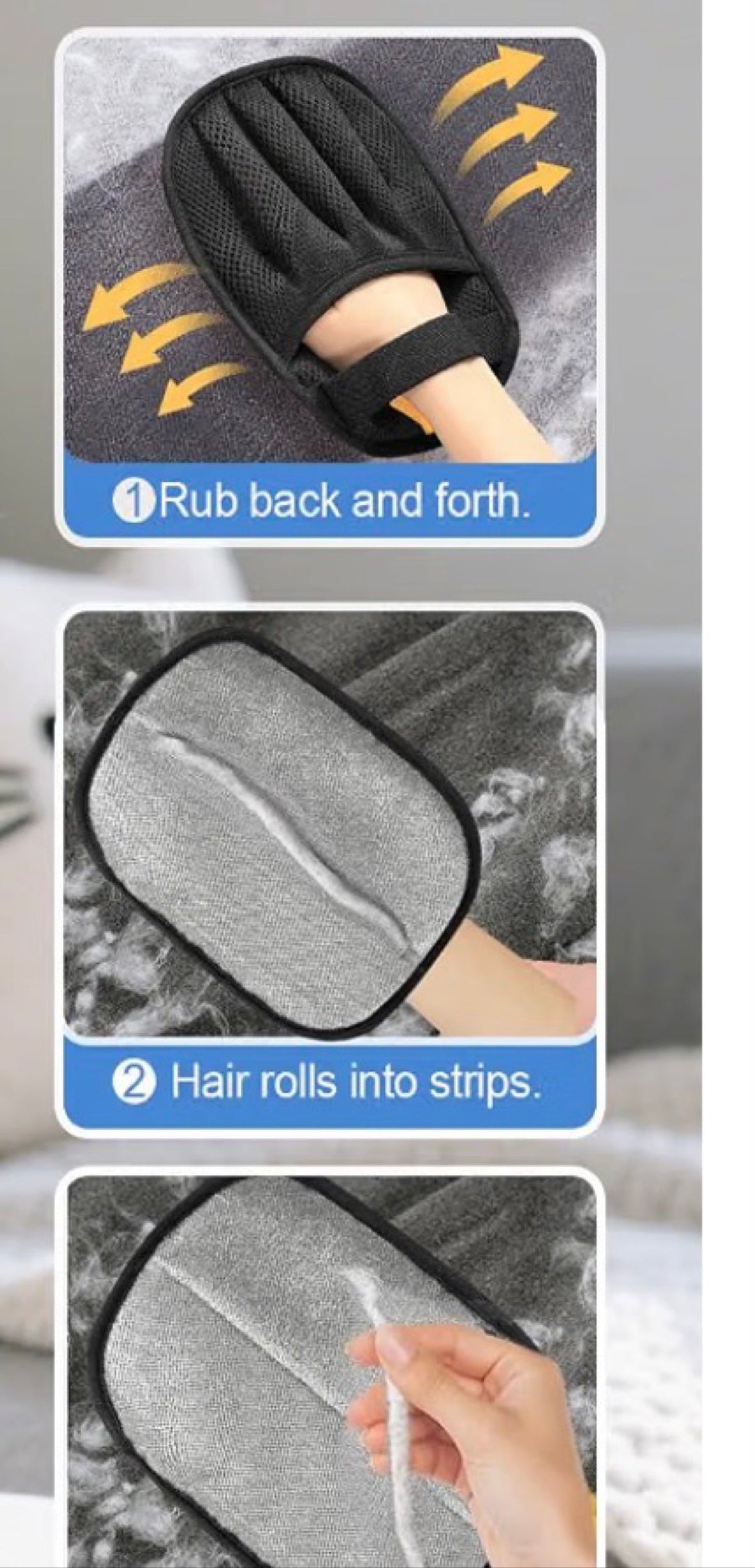 Furryless FurLift Glove lifting pet hair off a couch cushion
