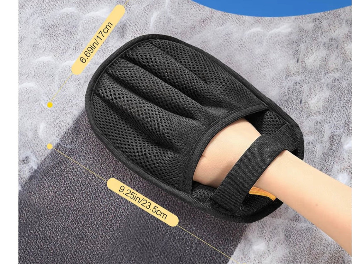 Hand wearing the Furryless FurLift Glove, ready to lift pet hair off clothes before washing