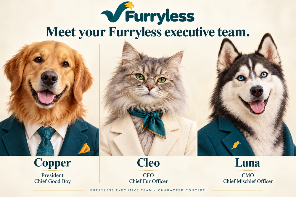 Furryless executive team — Copper, Cleo, Luna